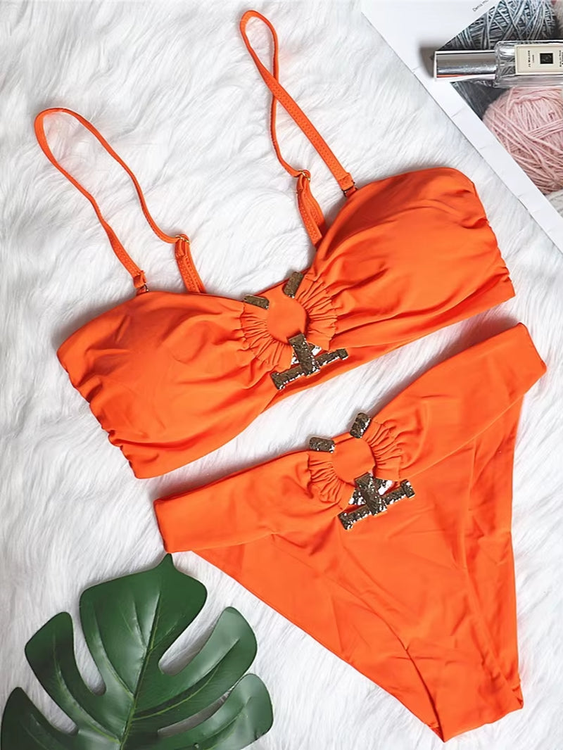 Shiny Rhinestone Bikini 2024 Sexy Solid One Shoulder Cut Out Push up Swimsuit Lady Crystal Bathing Suit Brazilian Thong Swimwear