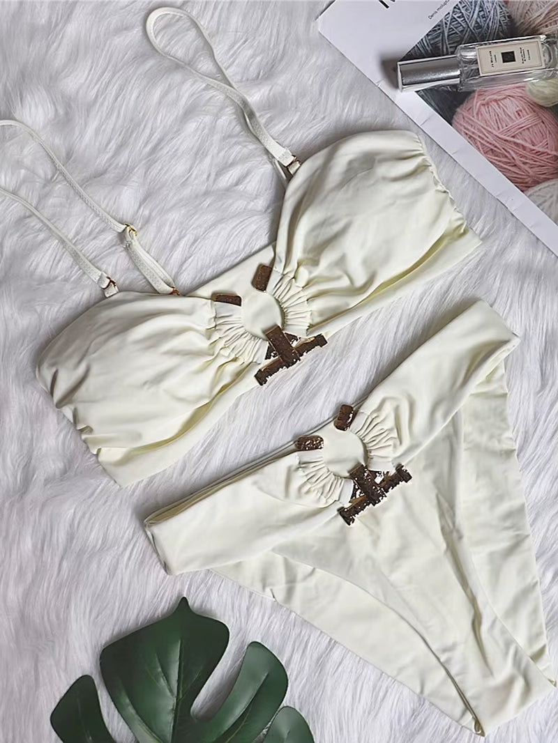 Shiny Rhinestone Bikini 2024 Sexy Solid One Shoulder Cut Out Push up Swimsuit Lady Crystal Bathing Suit Brazilian Thong Swimwear