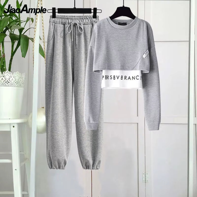 Women'S Tracksuit Spring 2025 New Top Pants Suit Korean Fashion Elegant Short Sweater Trouser Two-Piece Set Female Sportwear