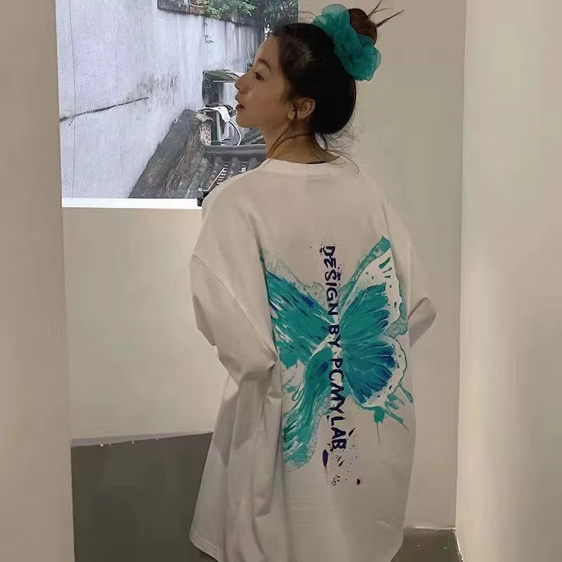 Butterfly Printed Women T-Shirts Summer Korean Letter Streetwear Short-Sleeved Loose Tshirts Fashion Casual Girls‘ Tops