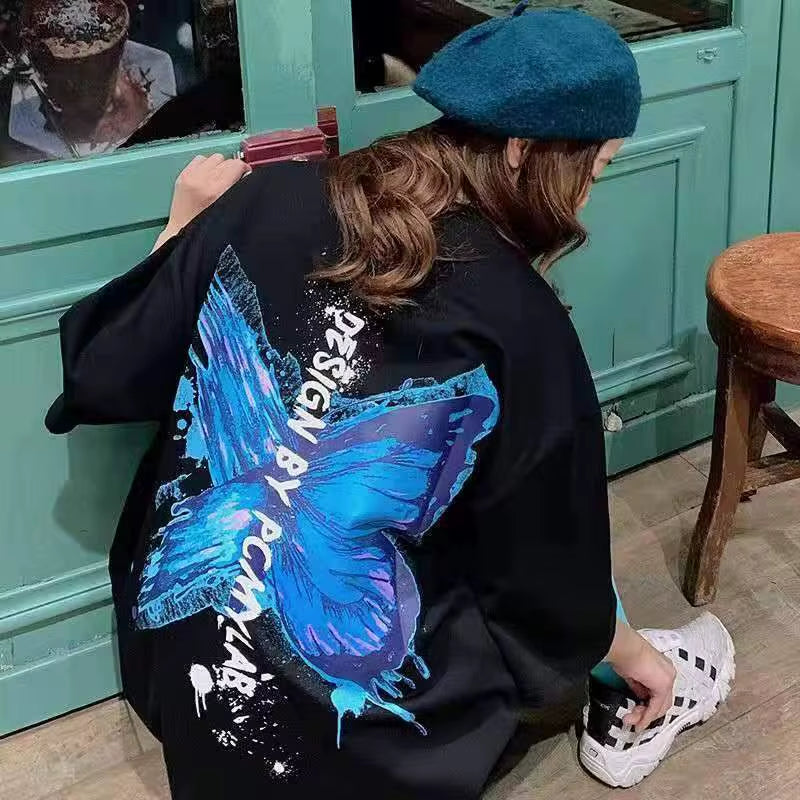 Butterfly Printed Women T-Shirts Summer Korean Letter Streetwear Short-Sleeved Loose Tshirts Fashion Casual Girls‘ Tops