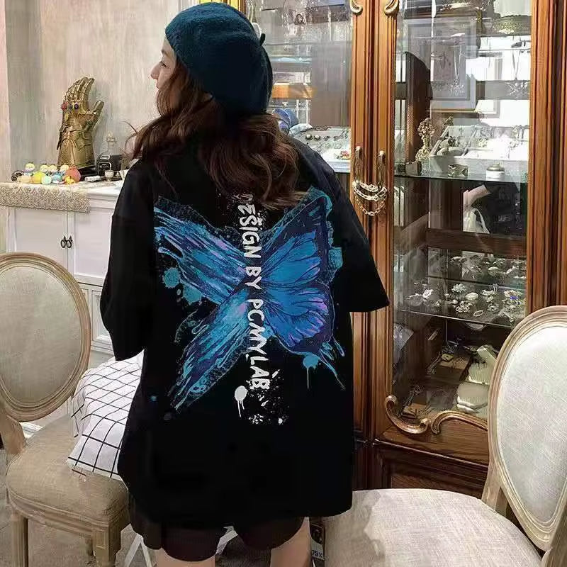 Butterfly Printed Women T-Shirts Summer Korean Letter Streetwear Short-Sleeved Loose Tshirts Fashion Casual Girls‘ Tops
