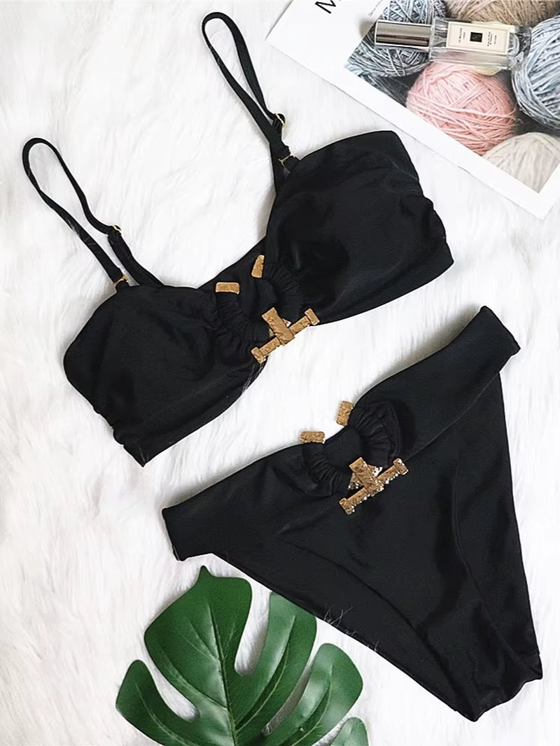 Shiny Rhinestone Bikini 2024 Sexy Solid One Shoulder Cut Out Push up Swimsuit Lady Crystal Bathing Suit Brazilian Thong Swimwear