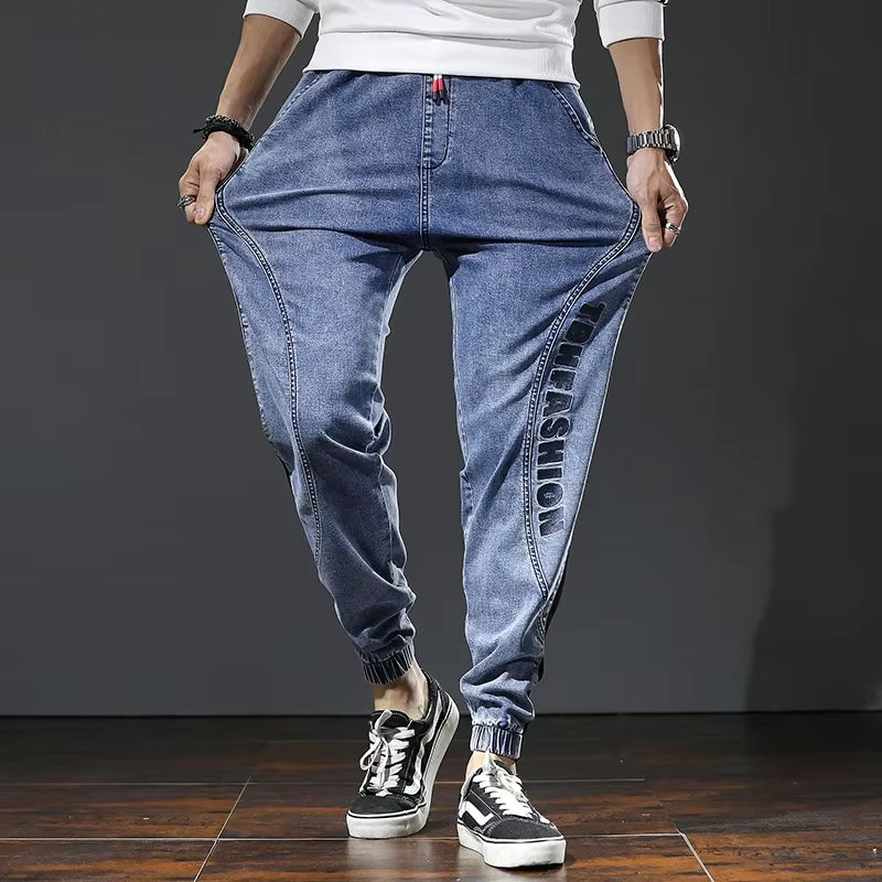 Men'S Fashion Pants Elastic Band Overweight Large Size Jeans Male Ankle Length Patchwork Streetwear plus Size Man Cowboy Trouser
