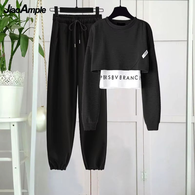 Women'S Tracksuit Spring 2025 New Top Pants Suit Korean Fashion Elegant Short Sweater Trouser Two-Piece Set Female Sportwear