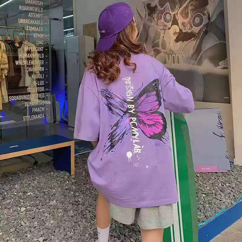 Butterfly Printed Women T-Shirts Summer Korean Letter Streetwear Short-Sleeved Loose Tshirts Fashion Casual Girls‘ Tops