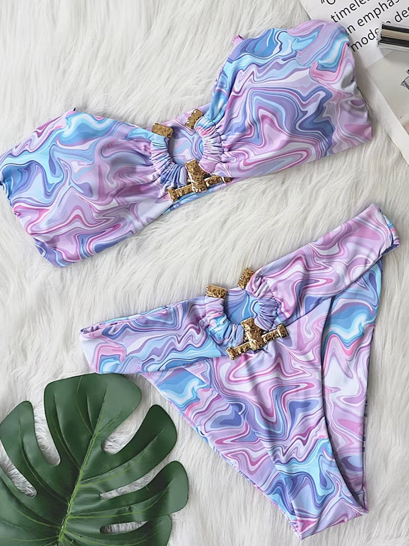 Shiny Rhinestone Bikini 2024 Sexy Solid One Shoulder Cut Out Push up Swimsuit Lady Crystal Bathing Suit Brazilian Thong Swimwear