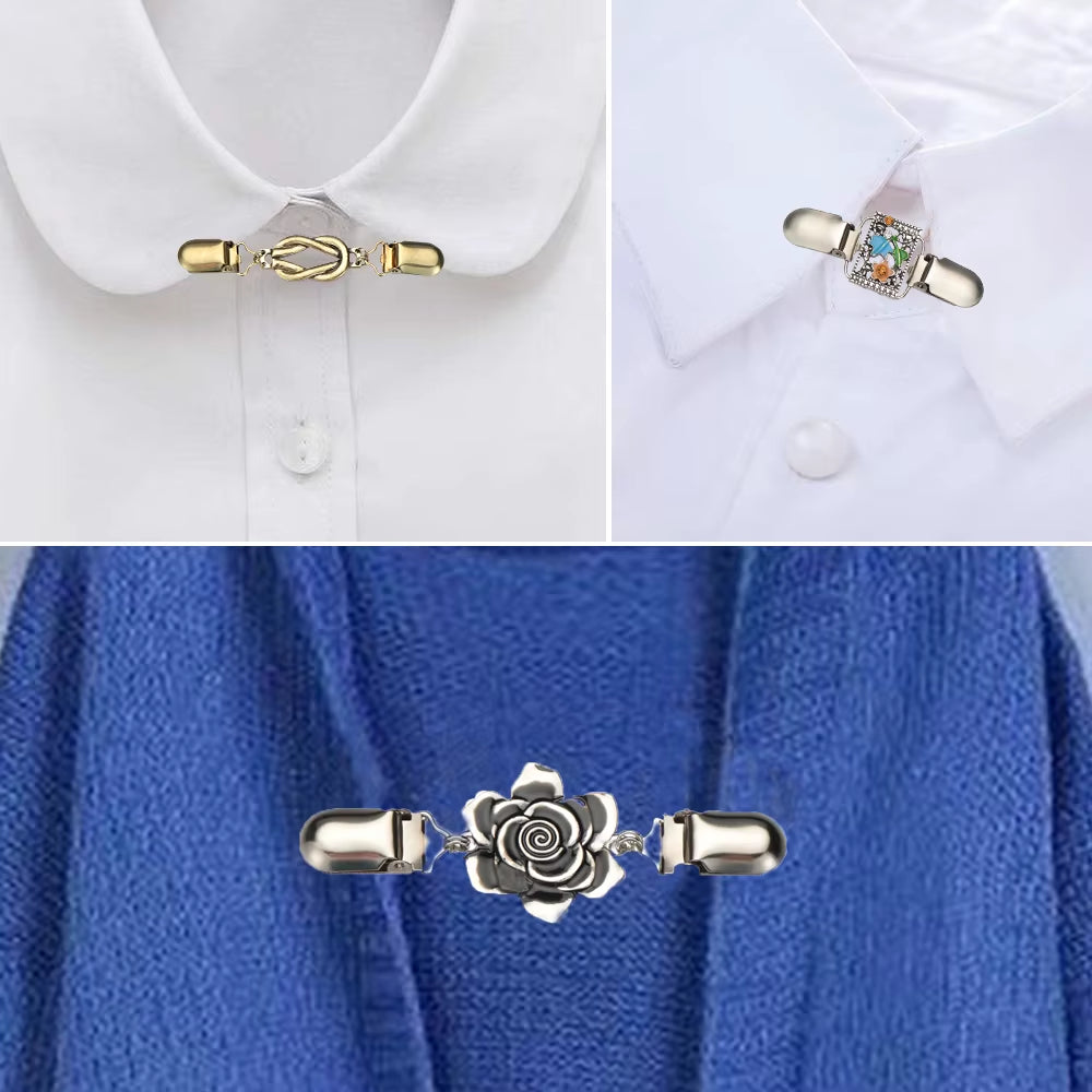 1PC Retro Women Cardigan Sweater Blouse Shawl Clips Shirt Collar Flower Pattern Duck Clip Clasps Fashion Clothing Accessories