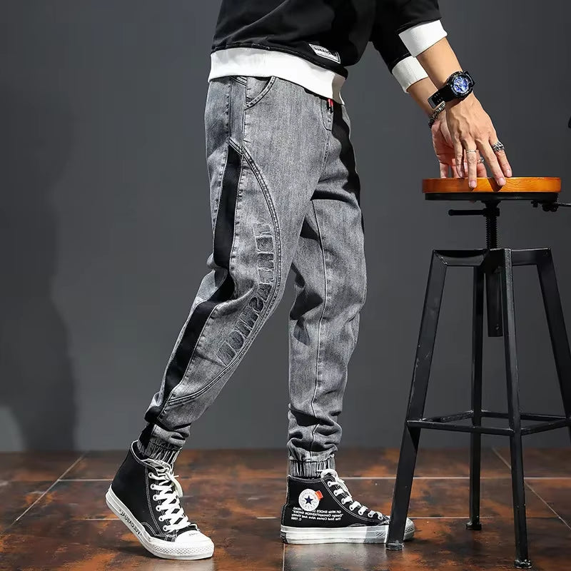 Men'S Fashion Pants Elastic Band Overweight Large Size Jeans Male Ankle Length Patchwork Streetwear plus Size Man Cowboy Trouser