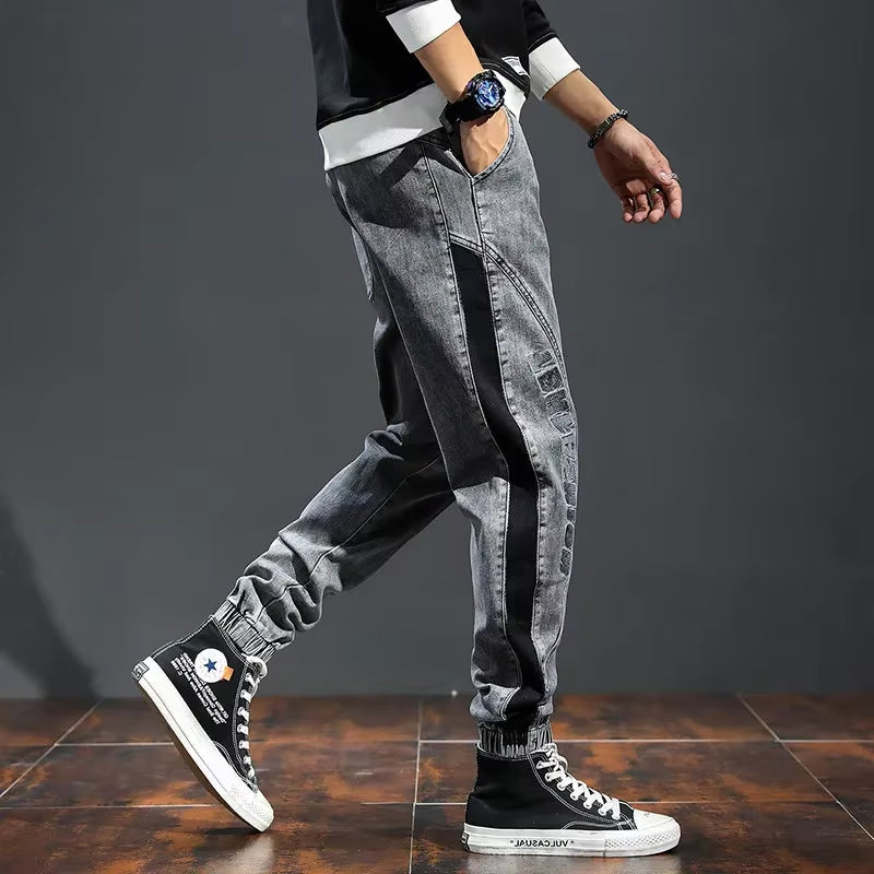 Men'S Fashion Pants Elastic Band Overweight Large Size Jeans Male Ankle Length Patchwork Streetwear plus Size Man Cowboy Trouser