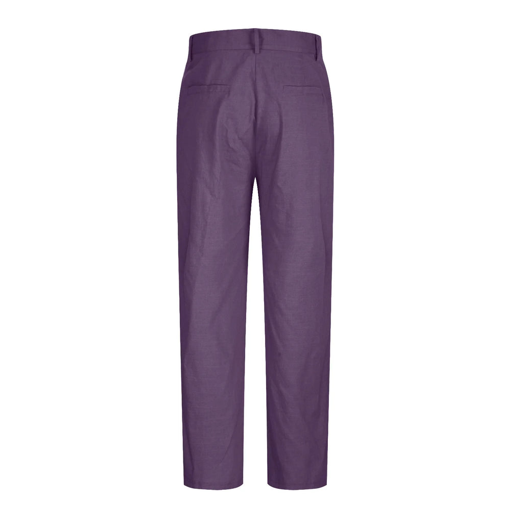 Cotton Linen Pants for Men Pleated Front Trouser Straight Leg Suit Trousers Solid Color Office Trouser Lightweight Linen Pant