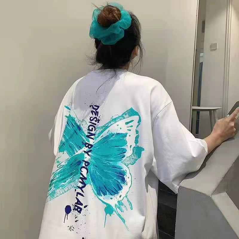 Butterfly Printed Women T-Shirts Summer Korean Letter Streetwear Short-Sleeved Loose Tshirts Fashion Casual Girls‘ Tops